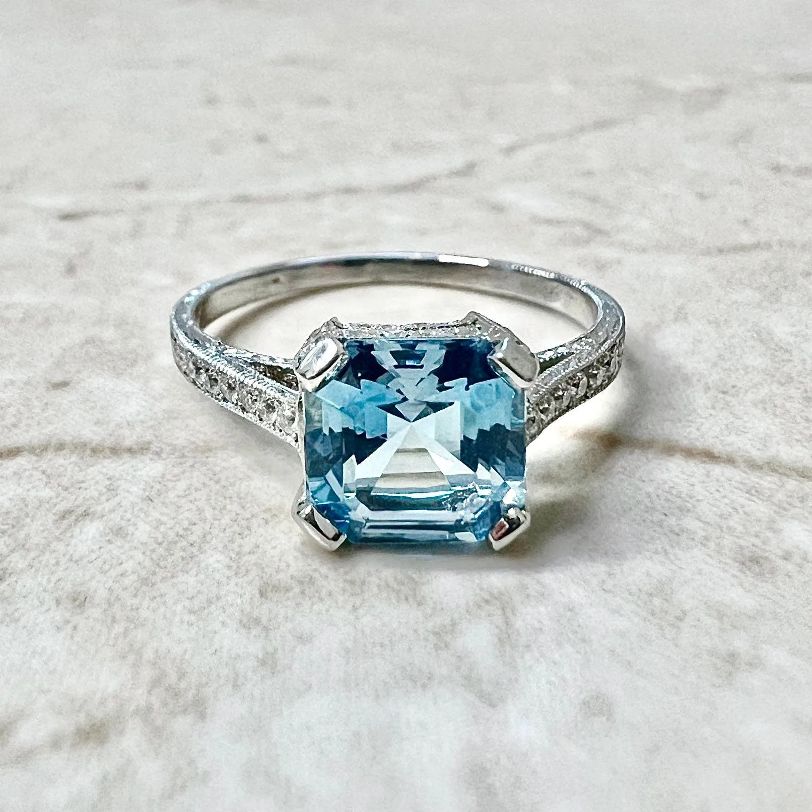 Art Deco Style Platinum Asscher Cut Aquamarine & Diamond Solitaire Ring