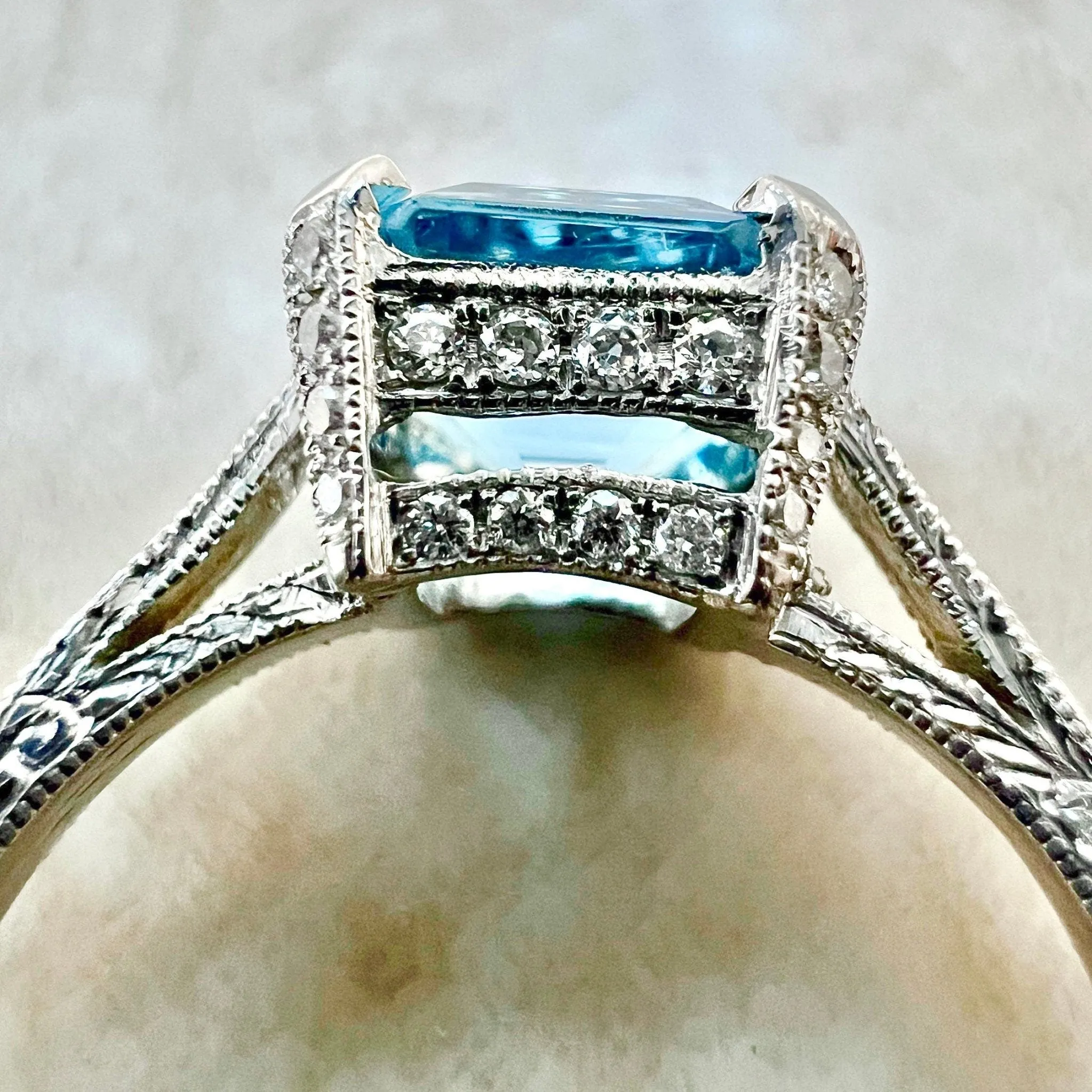 Art Deco Style Platinum Asscher Cut Aquamarine & Diamond Solitaire Ring