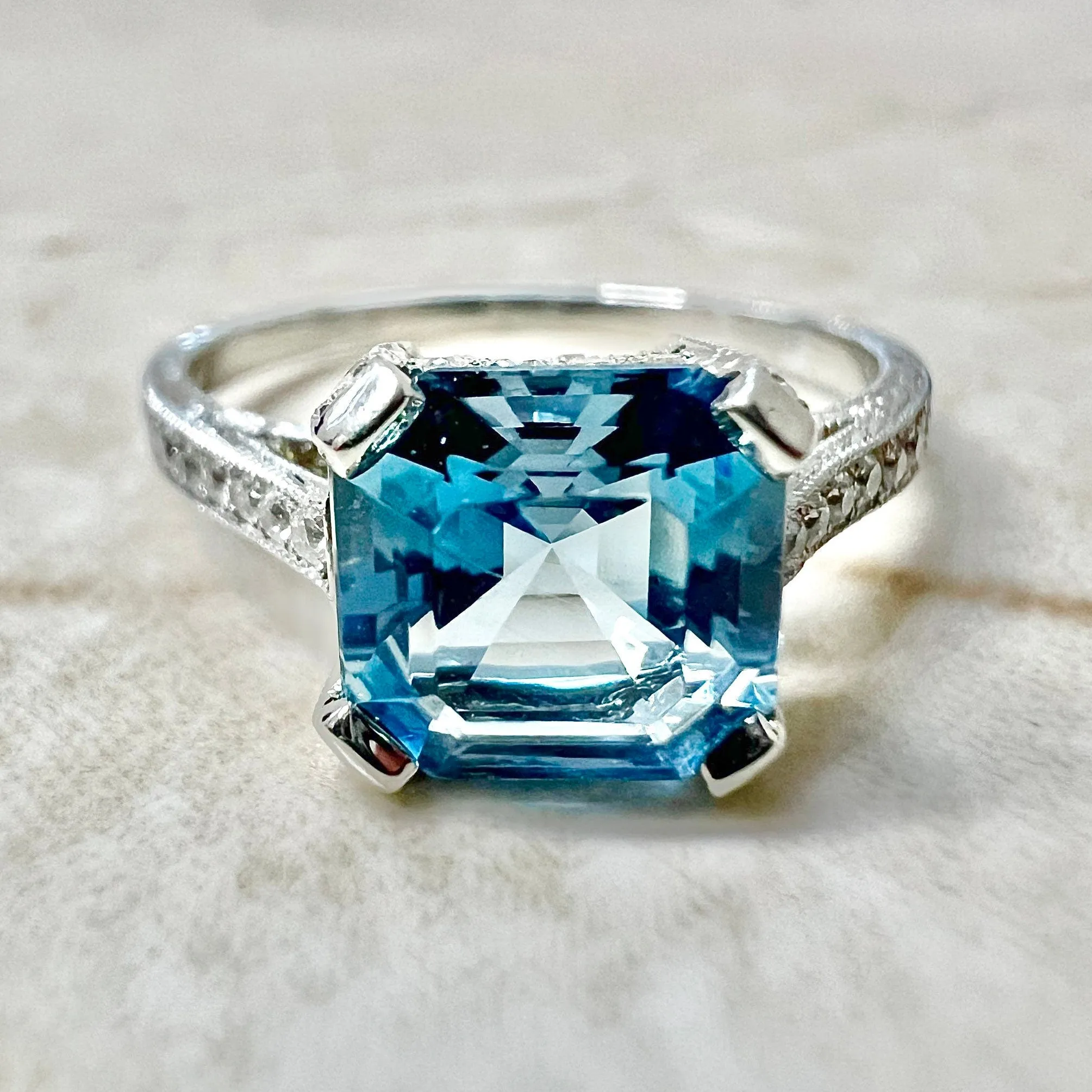 Art Deco Style Platinum Asscher Cut Aquamarine & Diamond Solitaire Ring