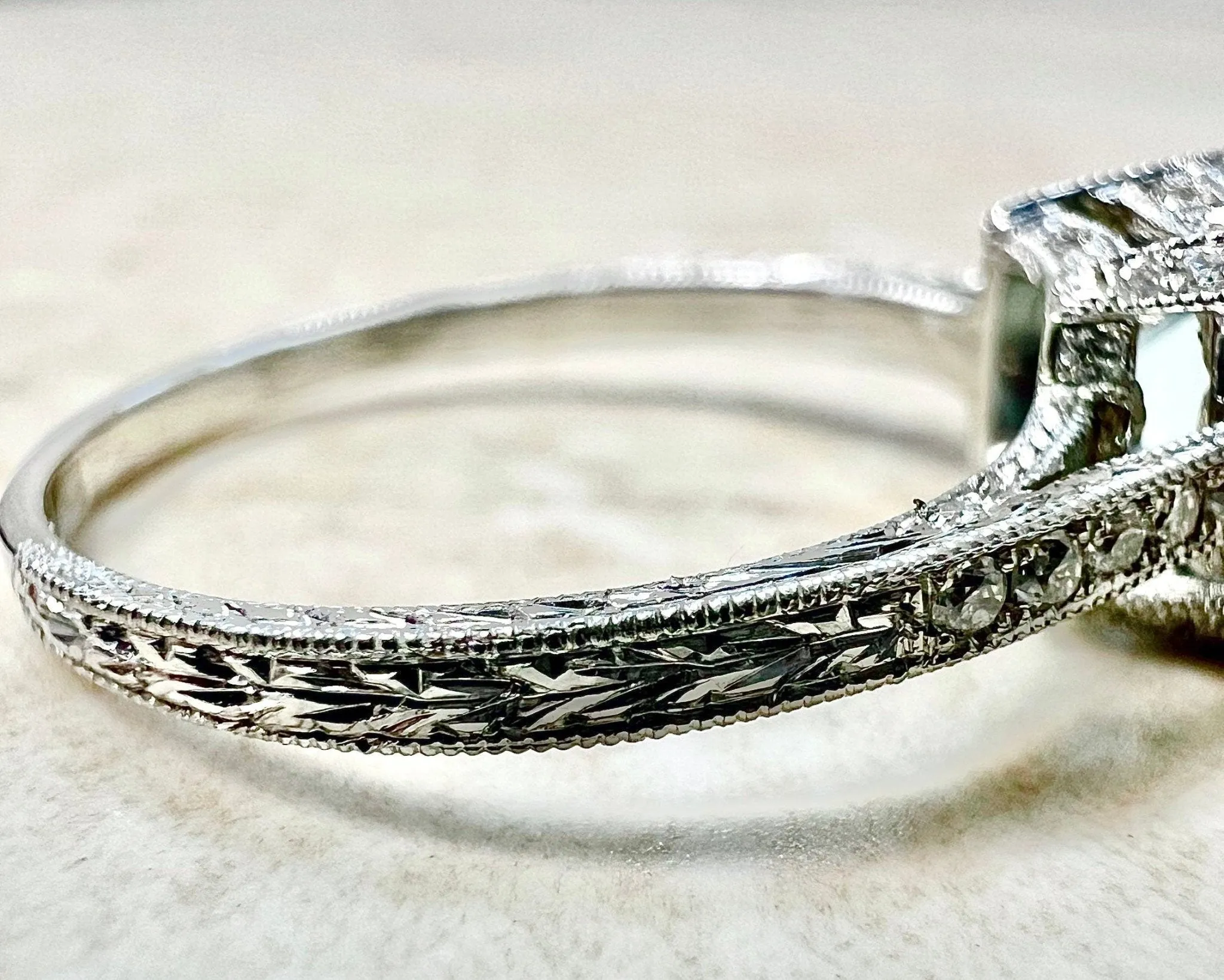 Art Deco Style Platinum Asscher Cut Aquamarine & Diamond Solitaire Ring