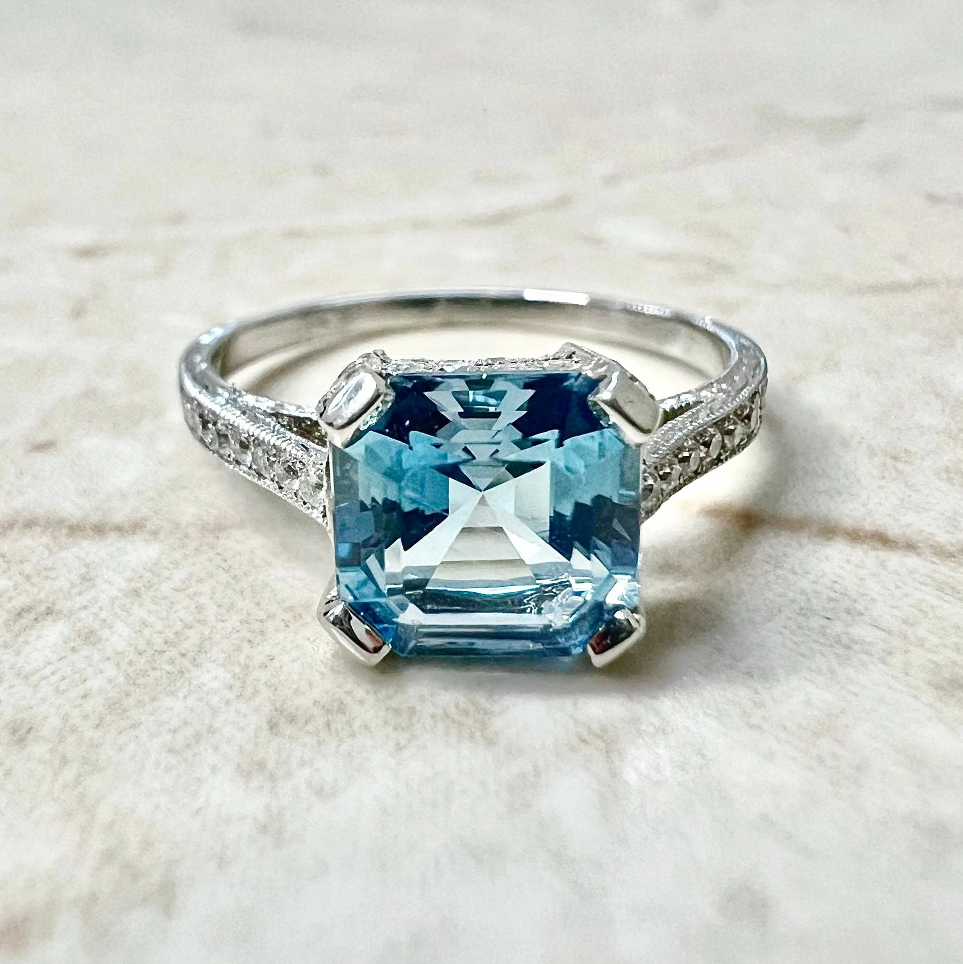 Art Deco Style Platinum Asscher Cut Aquamarine & Diamond Solitaire Ring