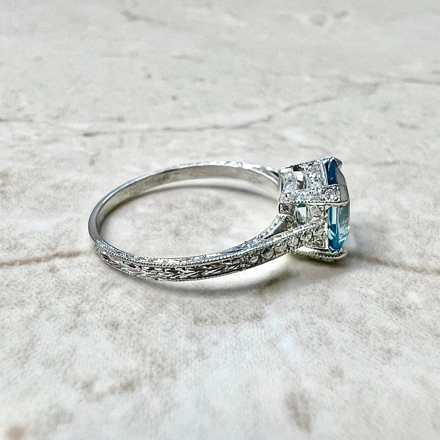 Art Deco Style Platinum Asscher Cut Aquamarine & Diamond Solitaire Ring
