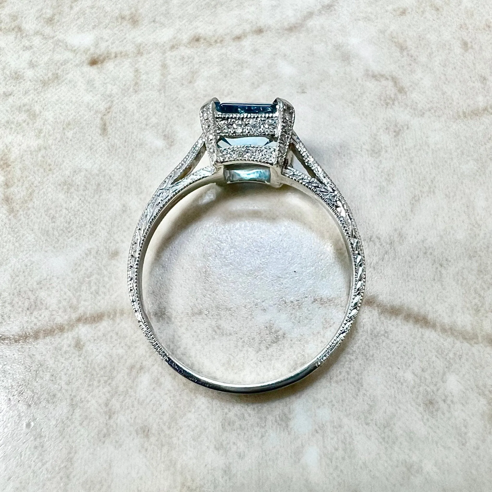 Art Deco Style Platinum Asscher Cut Aquamarine & Diamond Solitaire Ring