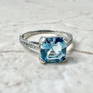 Art Deco Style Platinum Asscher Cut Aquamarine & Diamond Solitaire Ring