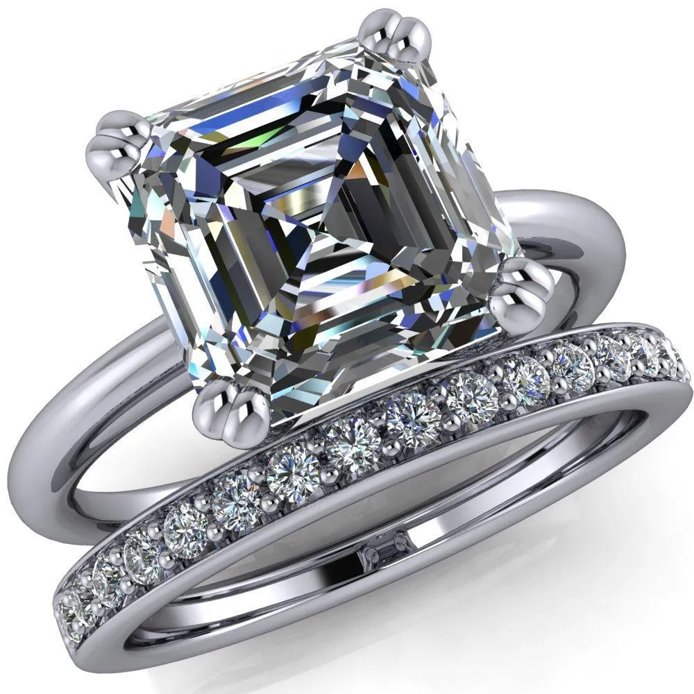 Ashton Asscher Moissanite 4 Prong Cathedral Engagement Ring