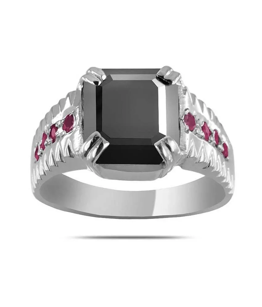 Asscher Cut 4.20 Ct Black Diamond Beautiful Ring with Ruby Accents, Great Brilliance & Luster