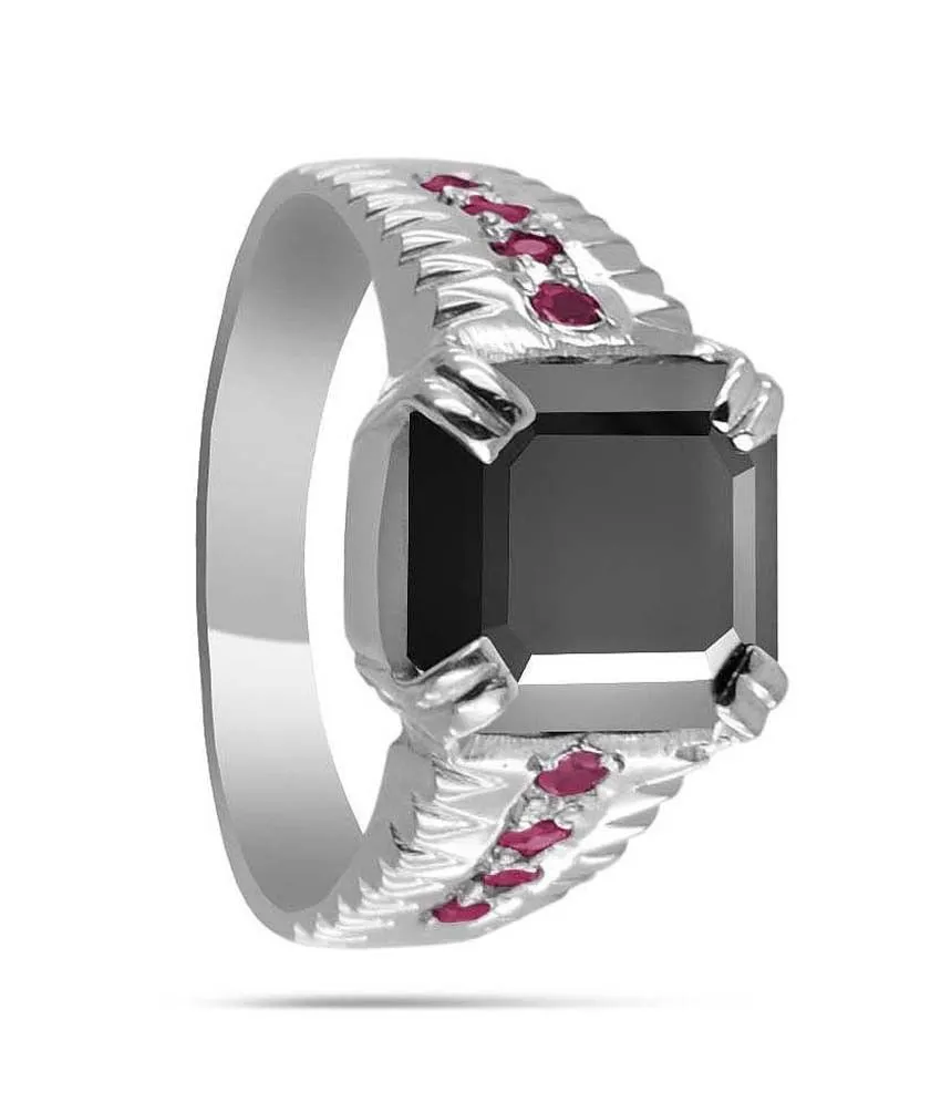 Asscher Cut 4.20 Ct Black Diamond Beautiful Ring with Ruby Accents, Great Brilliance & Luster