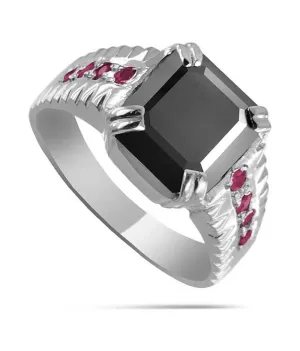 Asscher Cut 4.20 Ct Black Diamond Beautiful Ring with Ruby Accents, Great Brilliance & Luster