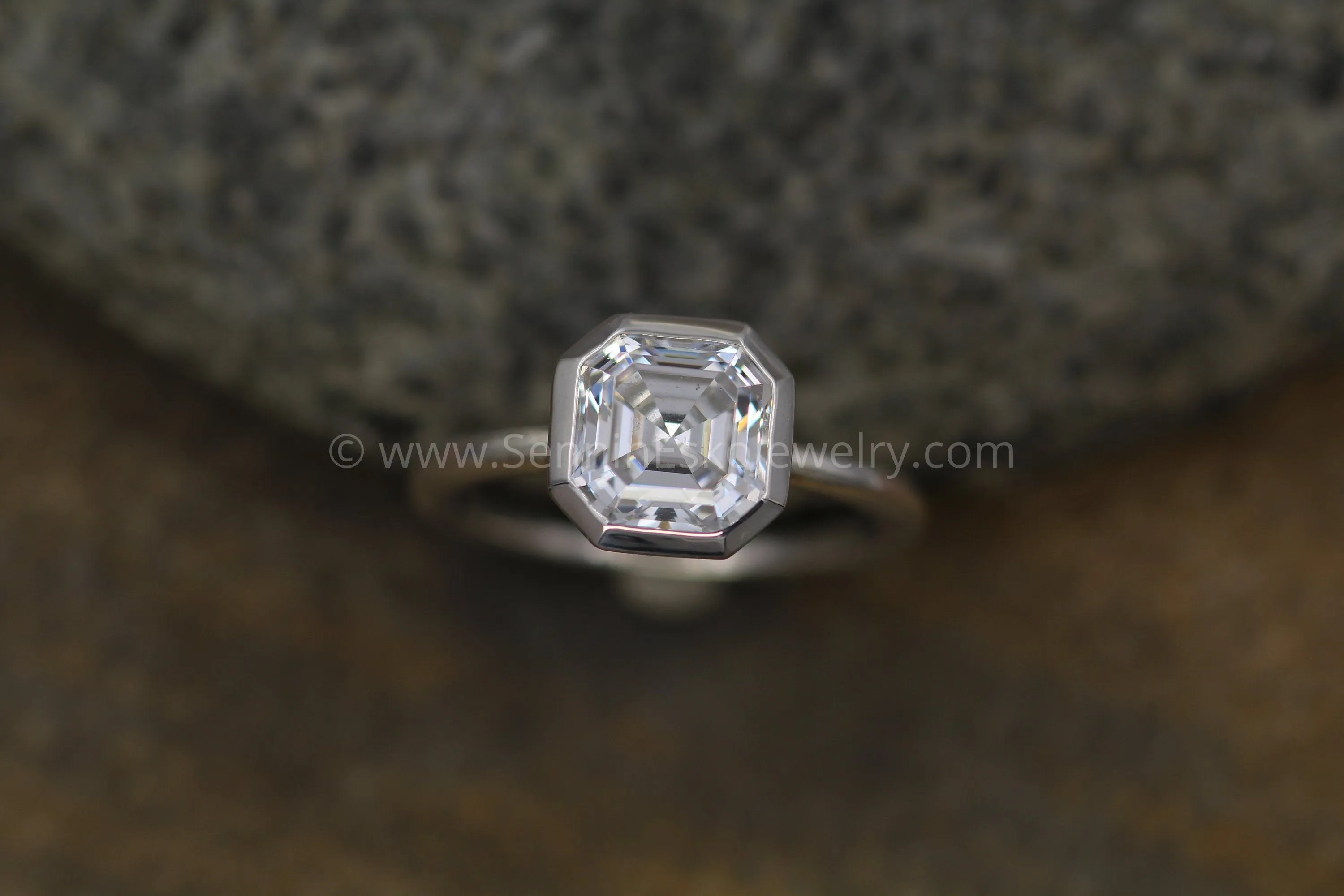 Asscher Cut 8mm Moissanite Glossy Bezel Ring -  Alternative Engagement Ring