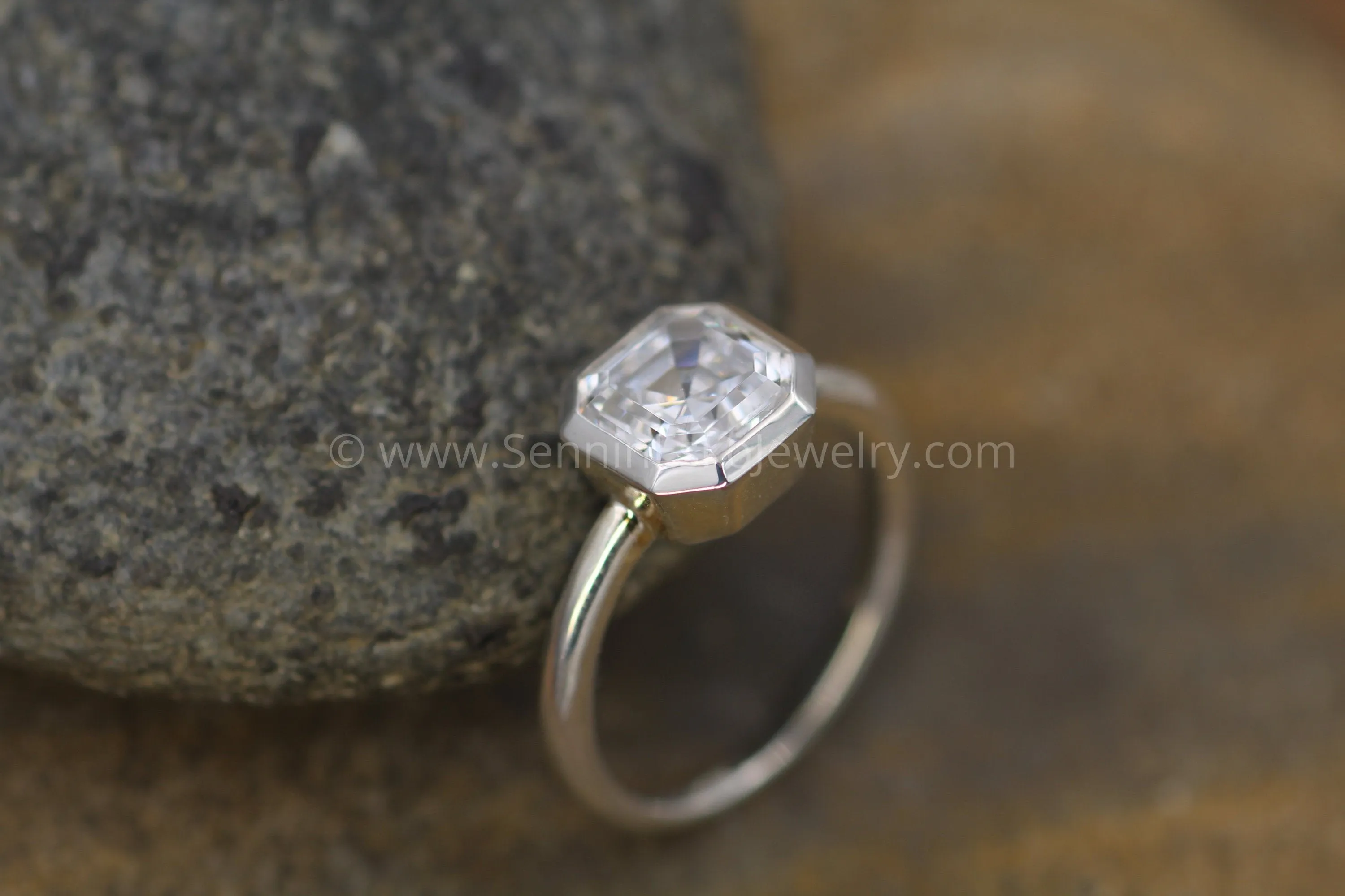 Asscher Cut 8mm Moissanite Glossy Bezel Ring -  Alternative Engagement Ring
