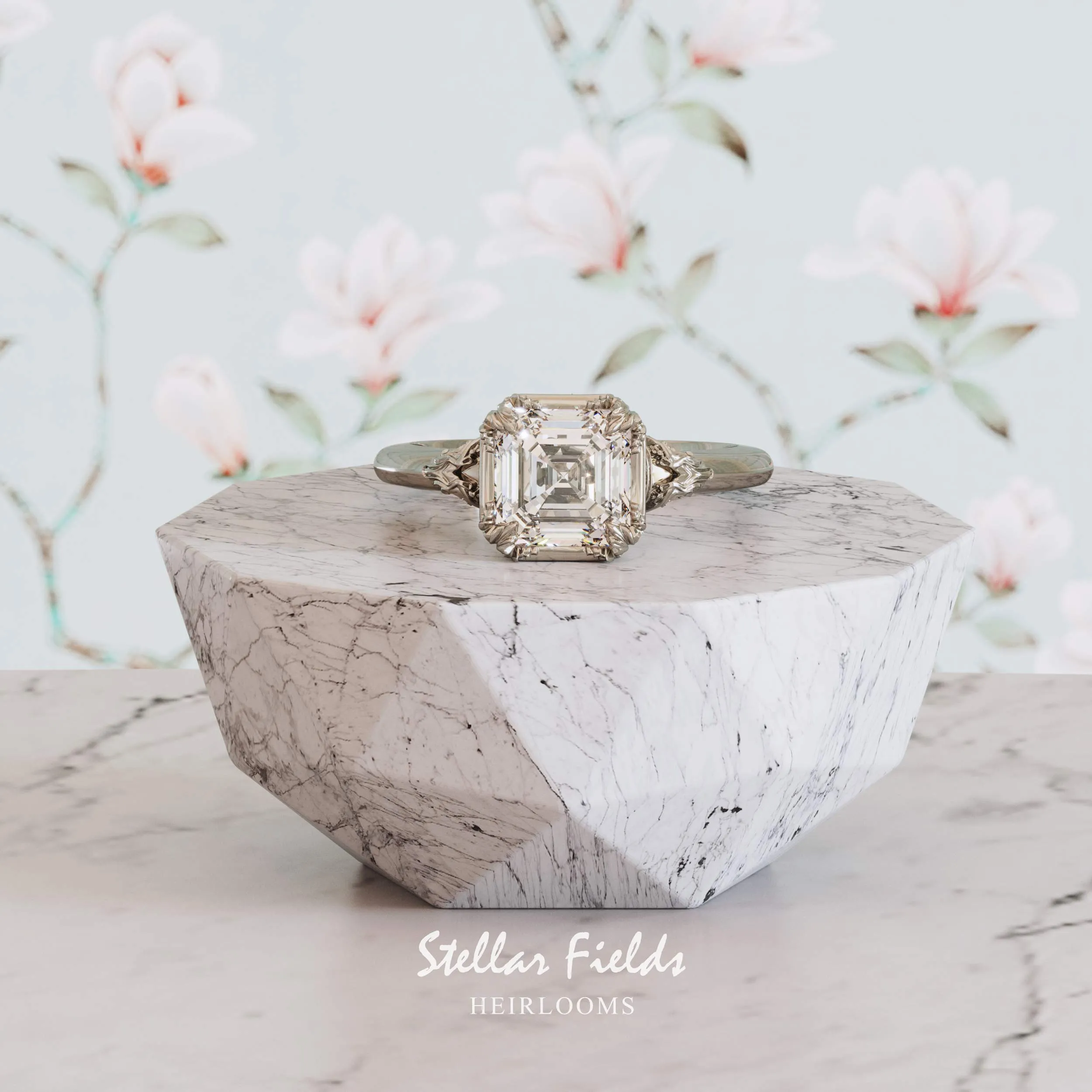 Asscher Cut Diamond Engagement Ring Aida Vintage Nature Inspired Heirloom Chevron Band