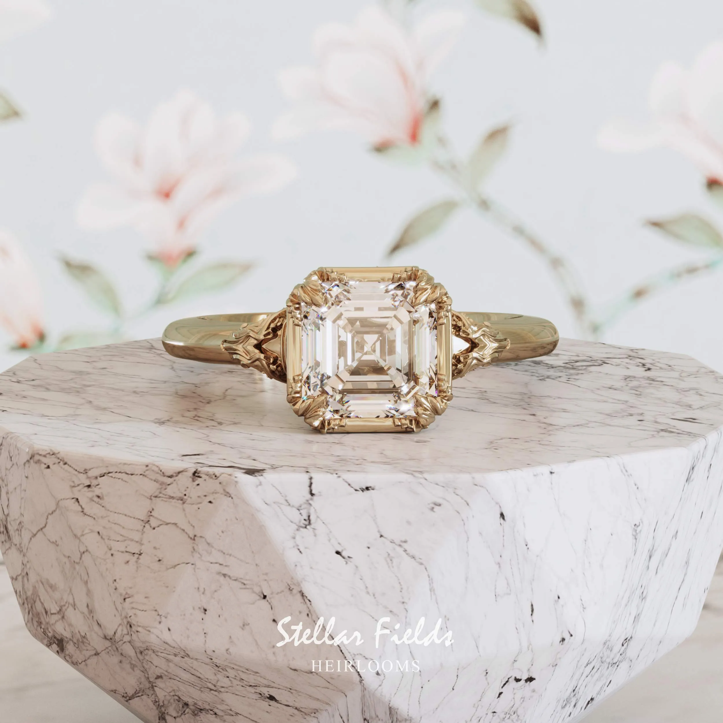 Asscher Cut Diamond Engagement Ring Aida Vintage Nature Inspired Heirloom Chevron Band