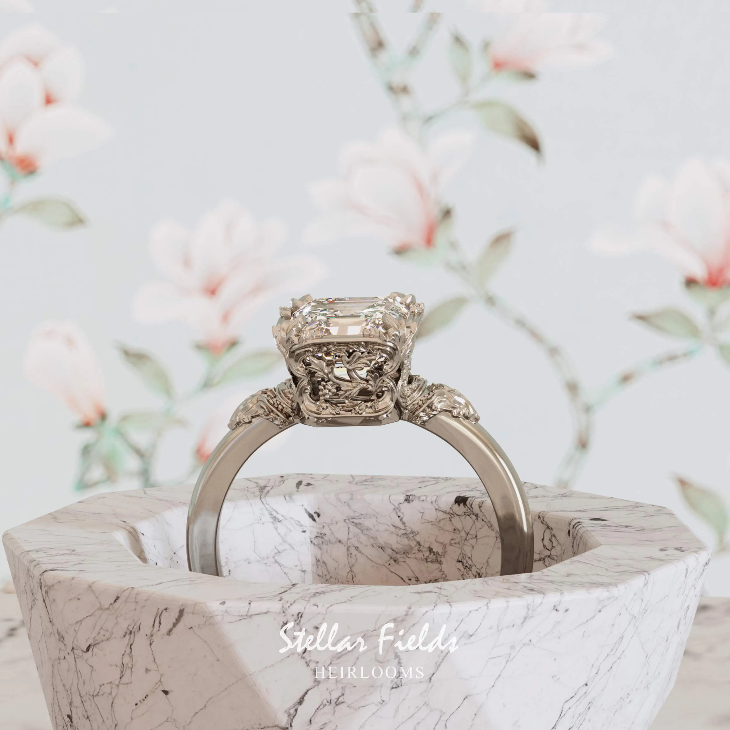 Asscher Cut Diamond Engagement Ring Aida Vintage Nature Inspired Heirloom Chevron Band