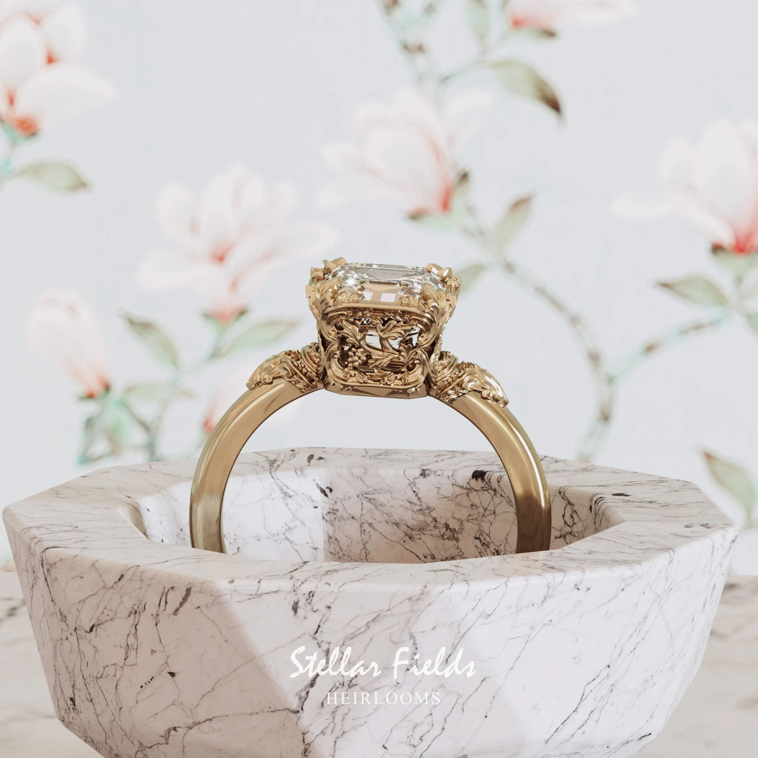 Asscher Cut Diamond Engagement Ring Aida Vintage Nature Inspired Heirloom Chevron Band
