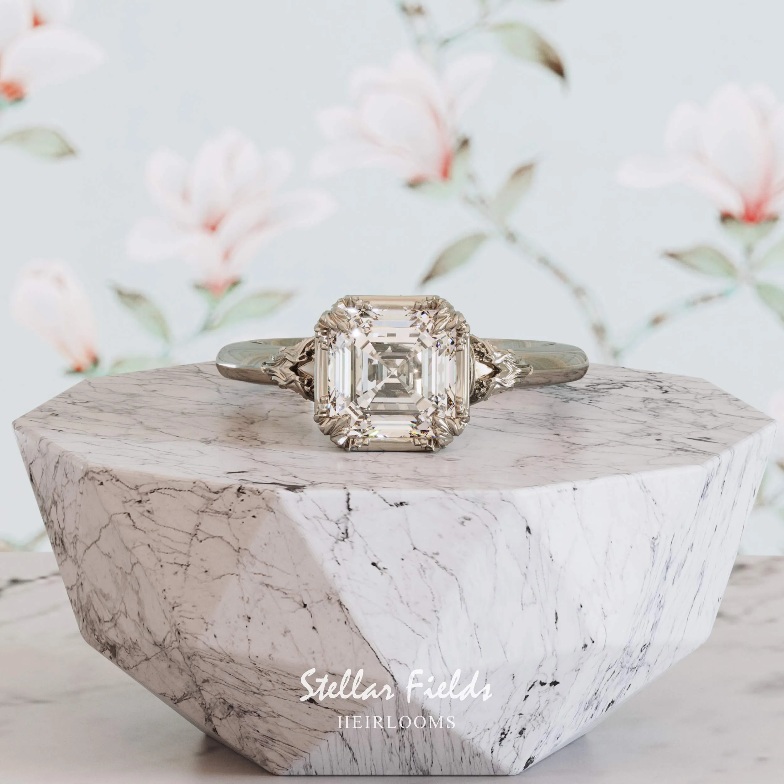 Asscher Cut Diamond Engagement Ring Aida Vintage Nature Inspired Heirloom Chevron Band