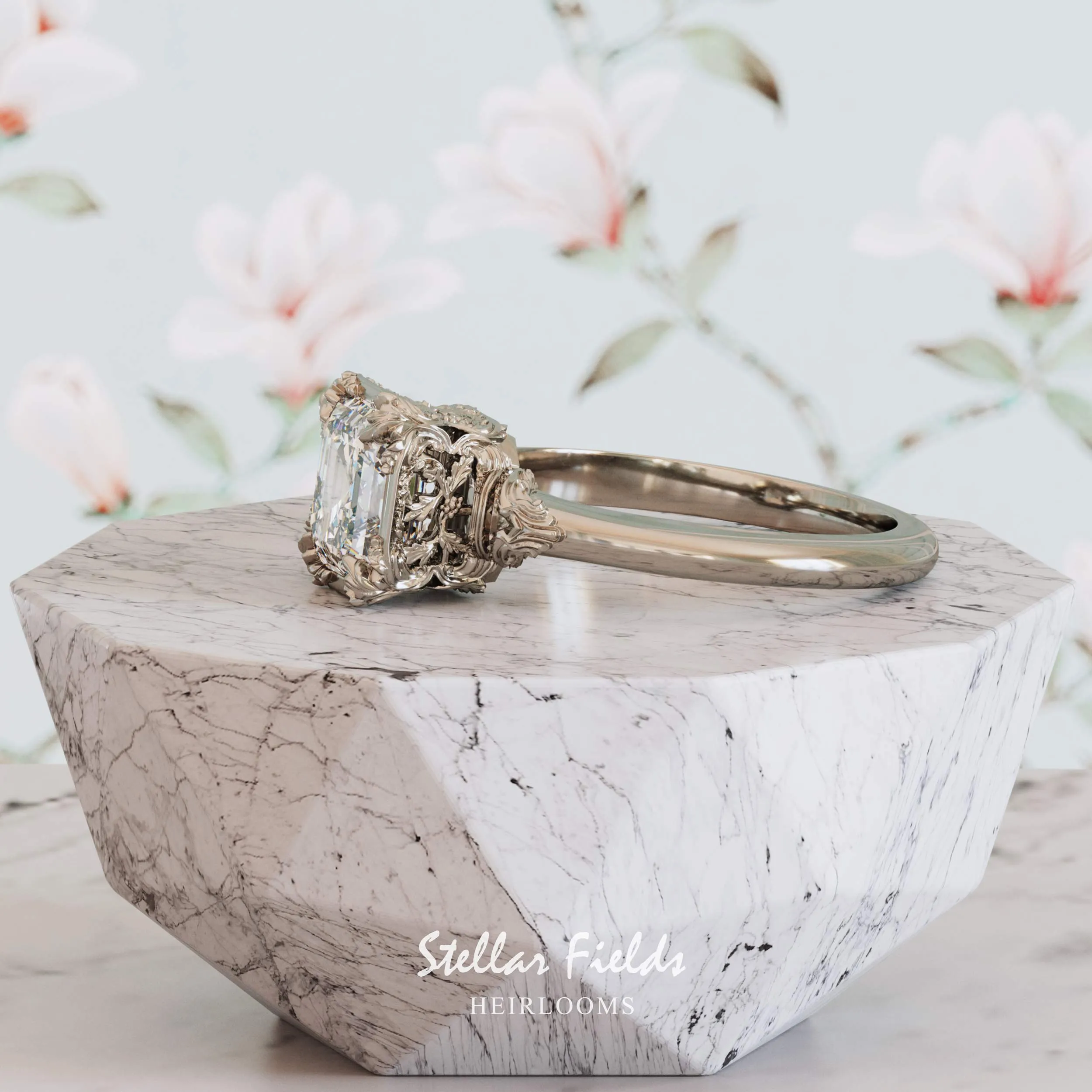 Asscher Cut Diamond Engagement Ring Aida Vintage Nature Inspired Heirloom Chevron Band
