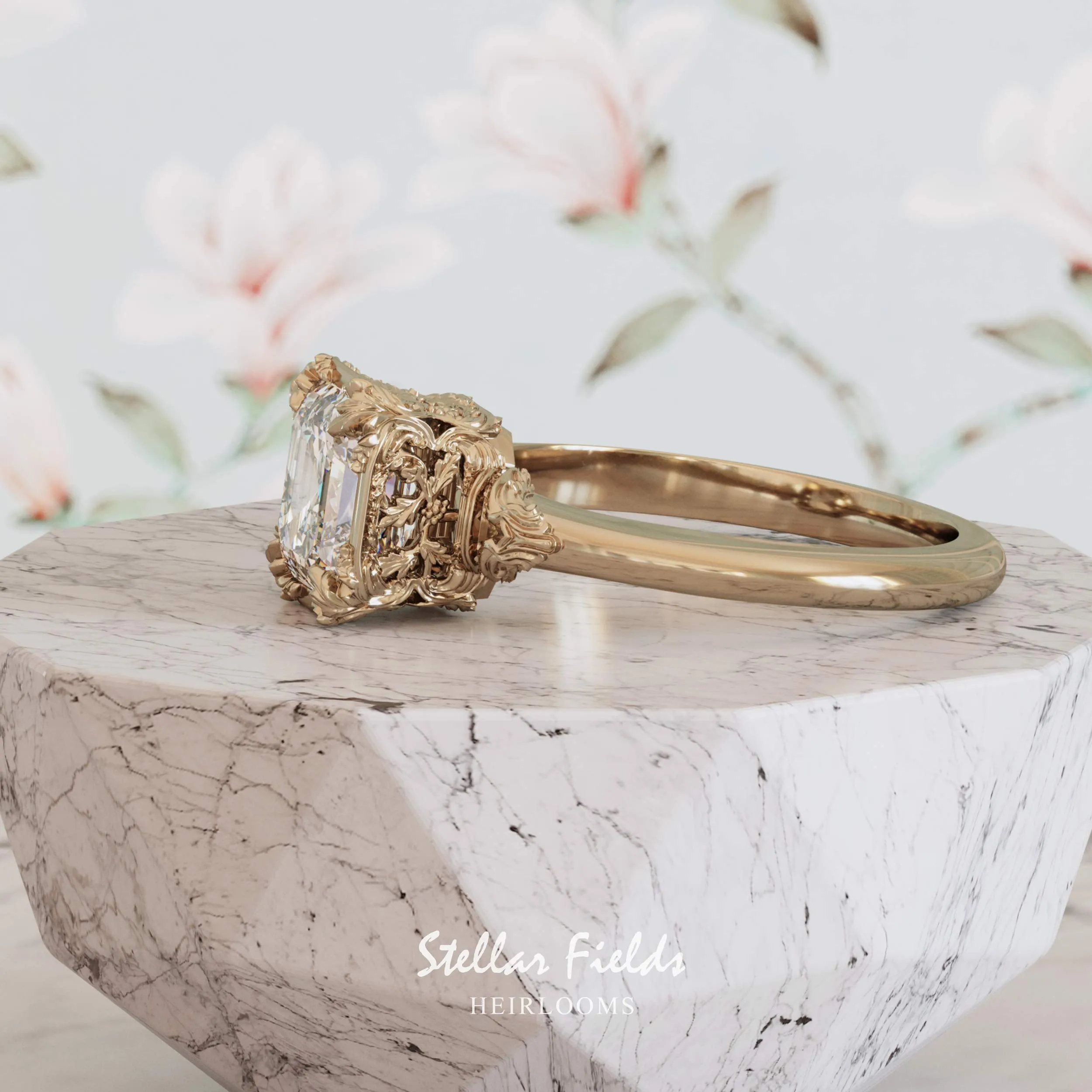 Asscher Cut Diamond Engagement Ring Aida Vintage Nature Inspired Heirloom Chevron Band