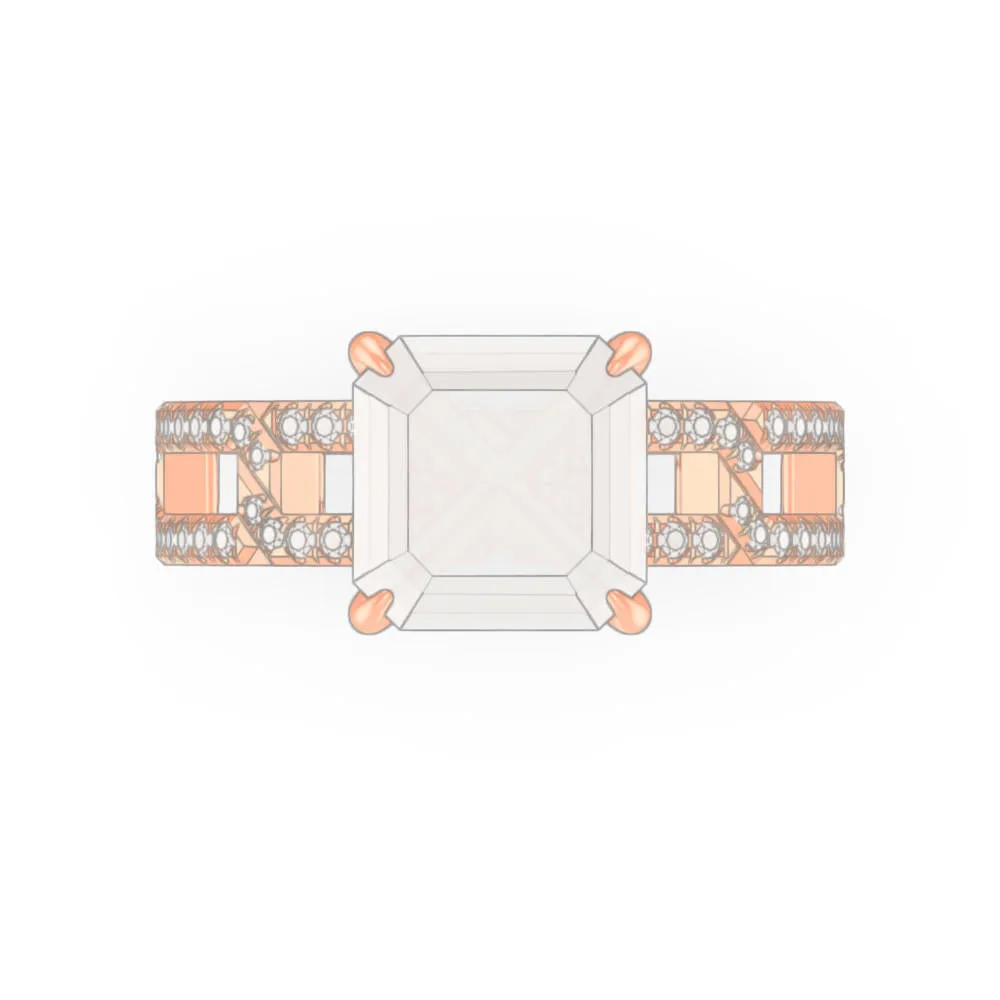ASSCHER CUT DIAMOND ENGAGEMENT RING WITH A CLASSIC 4 PRONG 8 PAVE LINKS SETTING IN 18K ROSE GOLD
