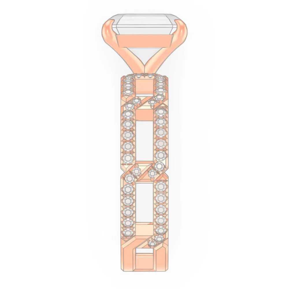 ASSCHER CUT DIAMOND ENGAGEMENT RING WITH A CLASSIC 4 PRONG 8 PAVE LINKS SETTING IN 18K ROSE GOLD