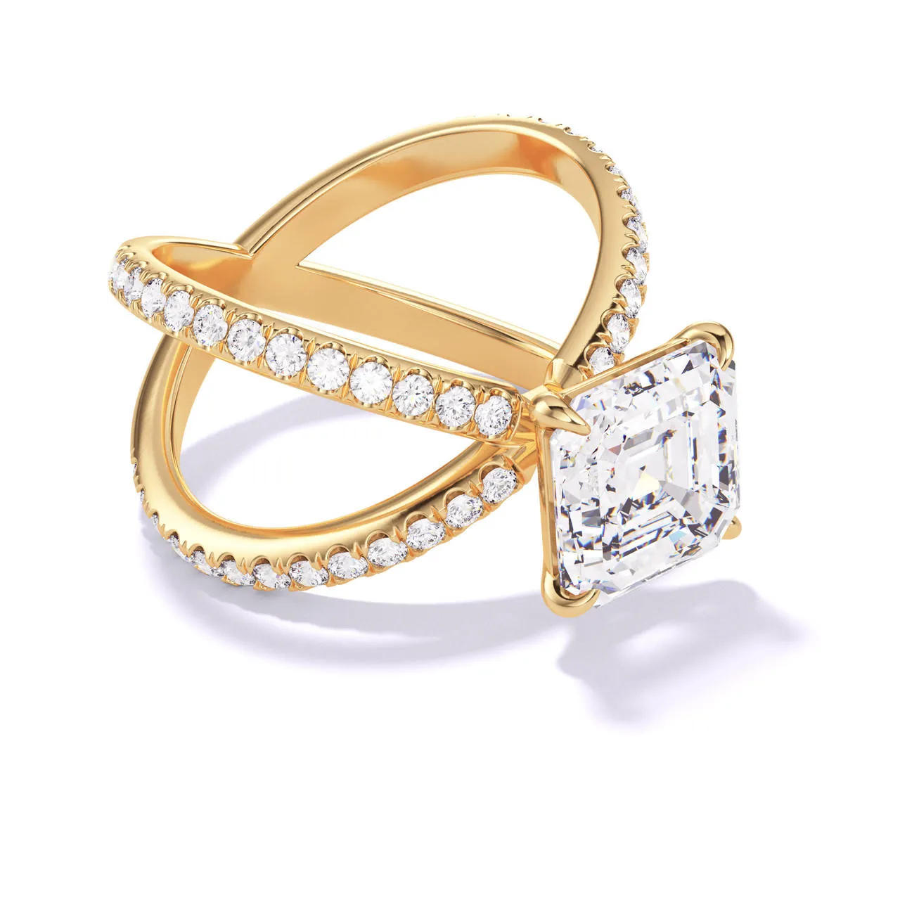 ASSCHER CUT DIAMOND ENGAGEMENT RING WITH A CLASSIC 4 PRONG AXIS PAVE SETTING IN 18K YELLOW GOLD