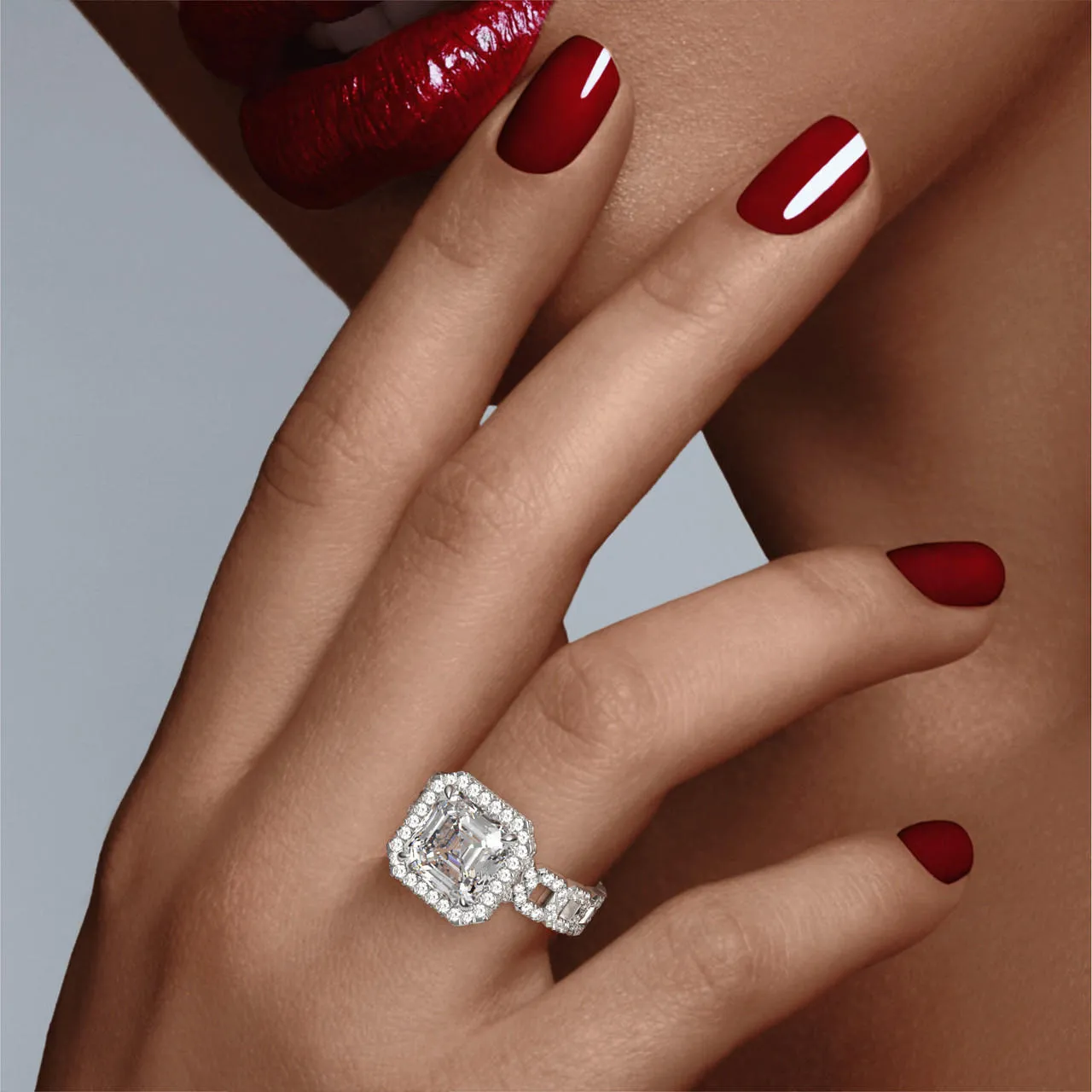 ASSCHER CUT DIAMOND ENGAGEMENT RING WITH A WRAPPED HALO 16 PAVE LINKS SETTING IN PLATINUM