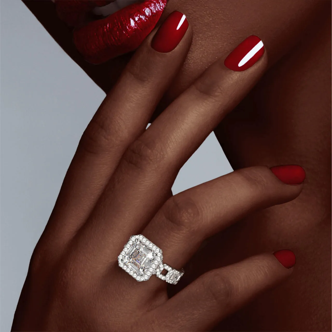 ASSCHER CUT DIAMOND ENGAGEMENT RING WITH A WRAPPED HALO 16 PAVE LINKS SETTING IN PLATINUM