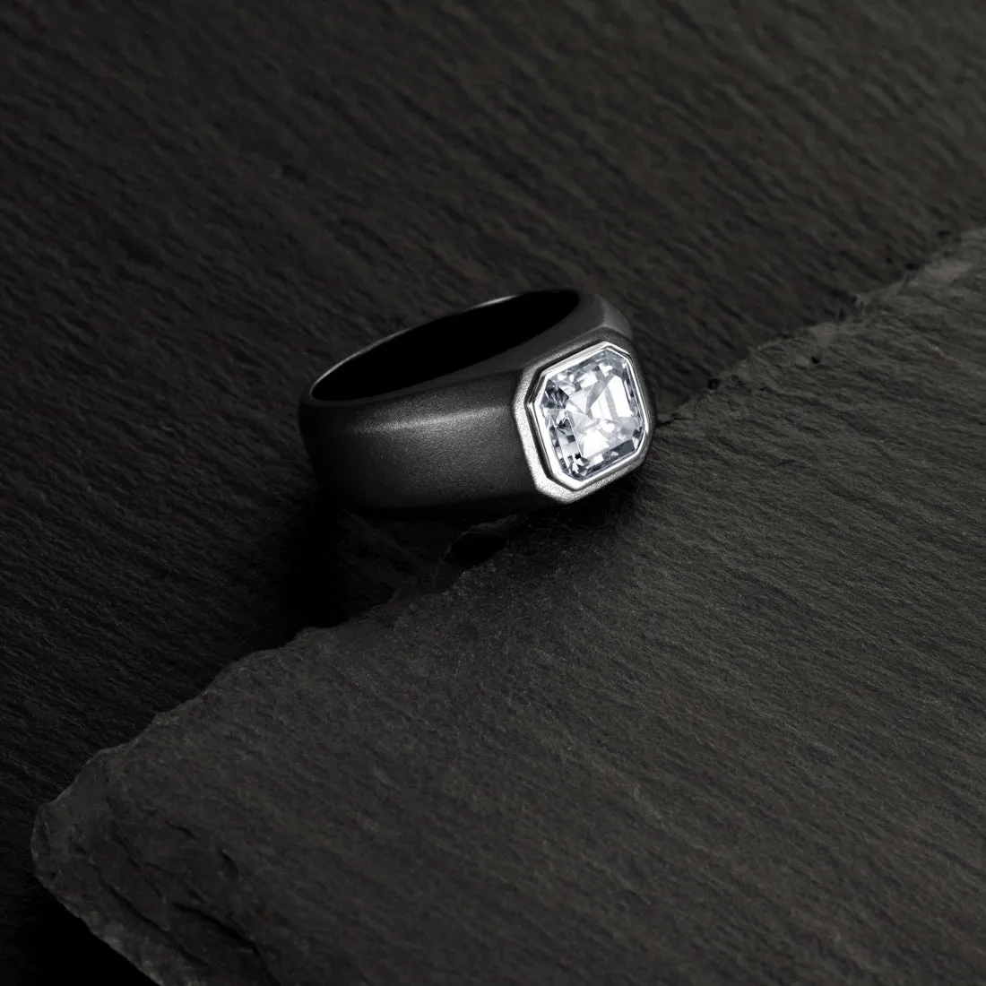 Asscher Cut Moissanite Men's Black Signet Ring Sterling Silver 3 Carats