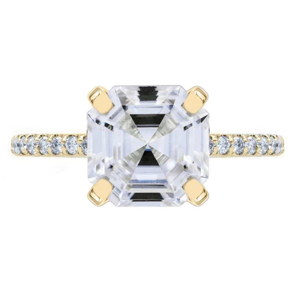 Asscher Moissanite 4 Prongs Diamond Accent Ice Solitaire Ring