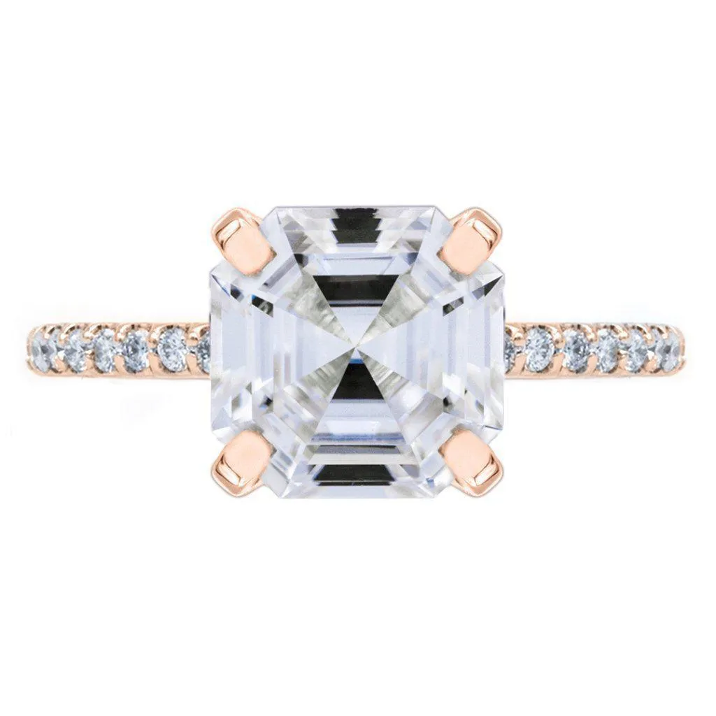 Asscher Moissanite 4 Prongs Diamond Accent Ice Solitaire Ring