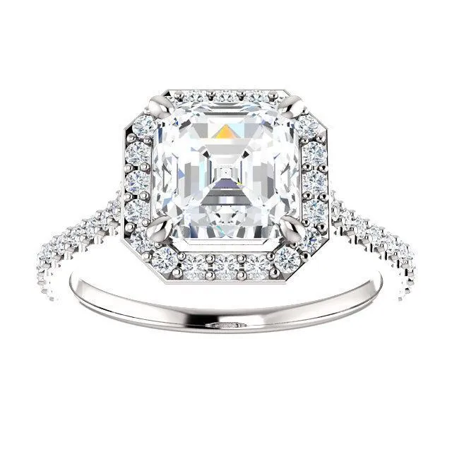 Asscher Moissanite Diamond Accent Ice Halo Bezel Ring