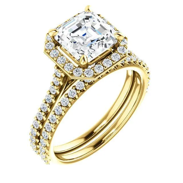 Asscher Moissanite Diamond Accent Ice Halo Bezel Ring