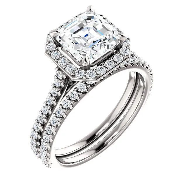 Asscher Moissanite Diamond Accent Ice Halo Bezel Ring