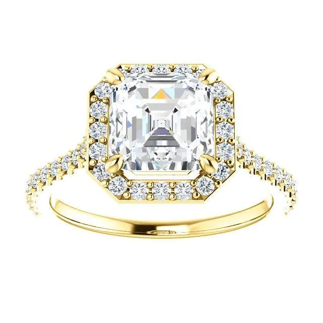 Asscher Moissanite Diamond Accent Ice Halo Bezel Ring