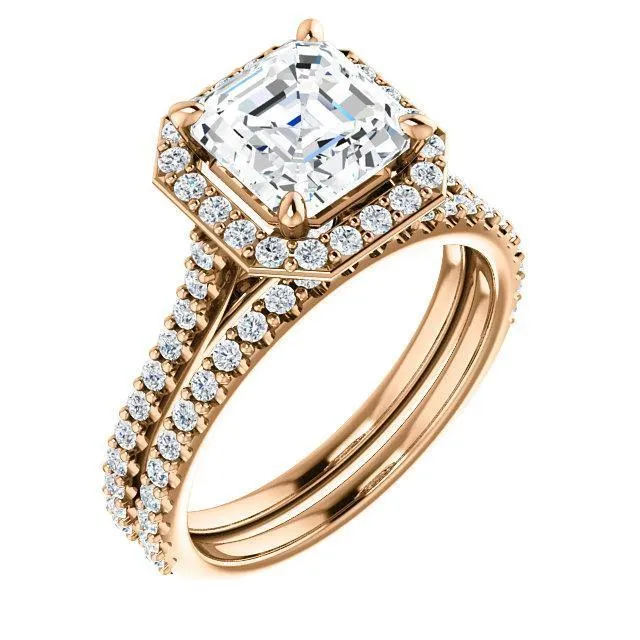 Asscher Moissanite Diamond Accent Ice Halo Bezel Ring