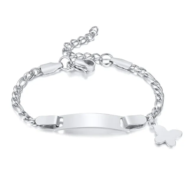 Baby and Children's Bracelets:  Steel with Gold IP Engravable Bracelets with Butterfly Age 3 Months to 5 Years