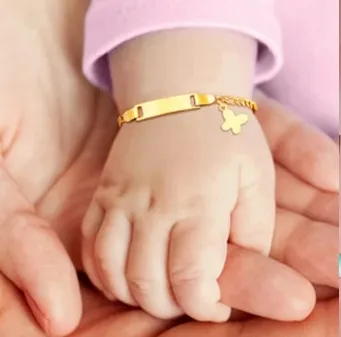 Baby and Children's Bracelets:  Steel with Gold IP Engravable Bracelets with Butterfly Age 3 Months to 5 Years