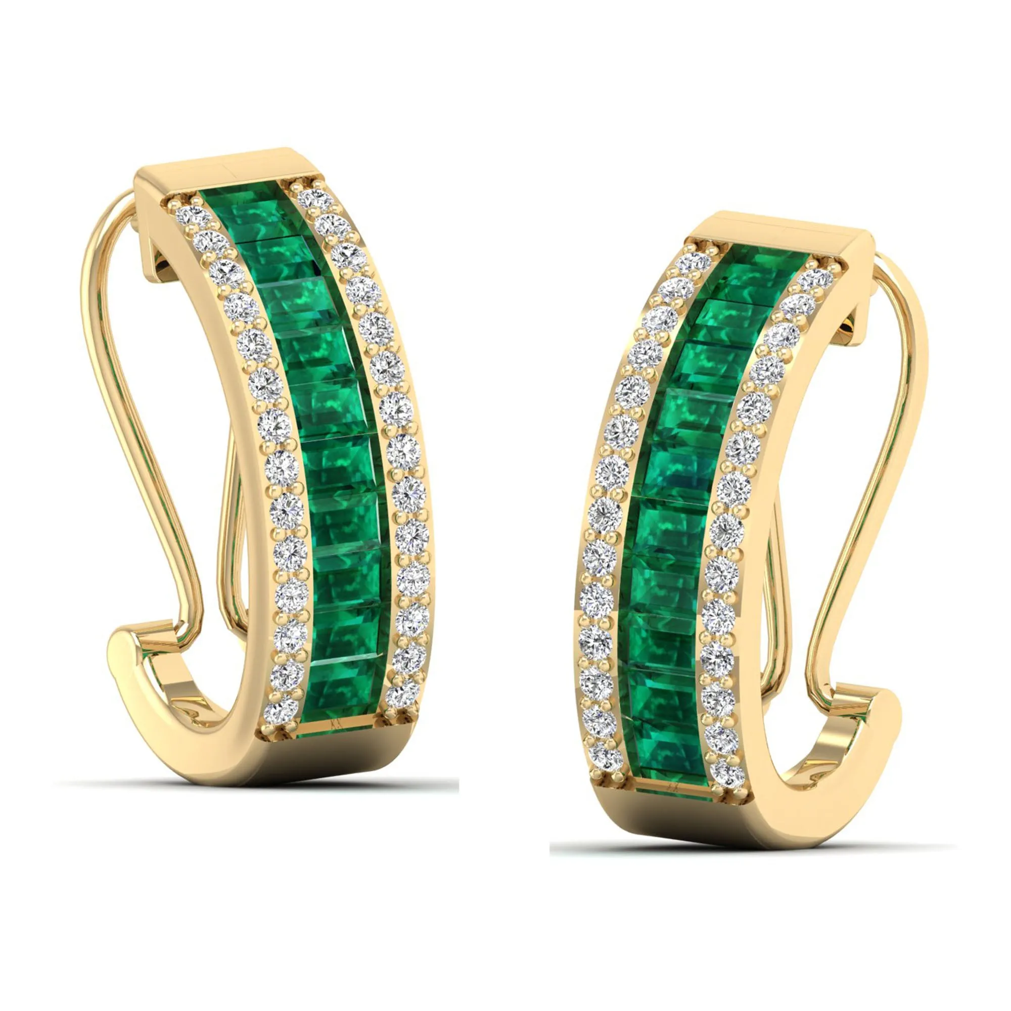 Baguette Emerald and Cluster Diamond Hoop Earrings
