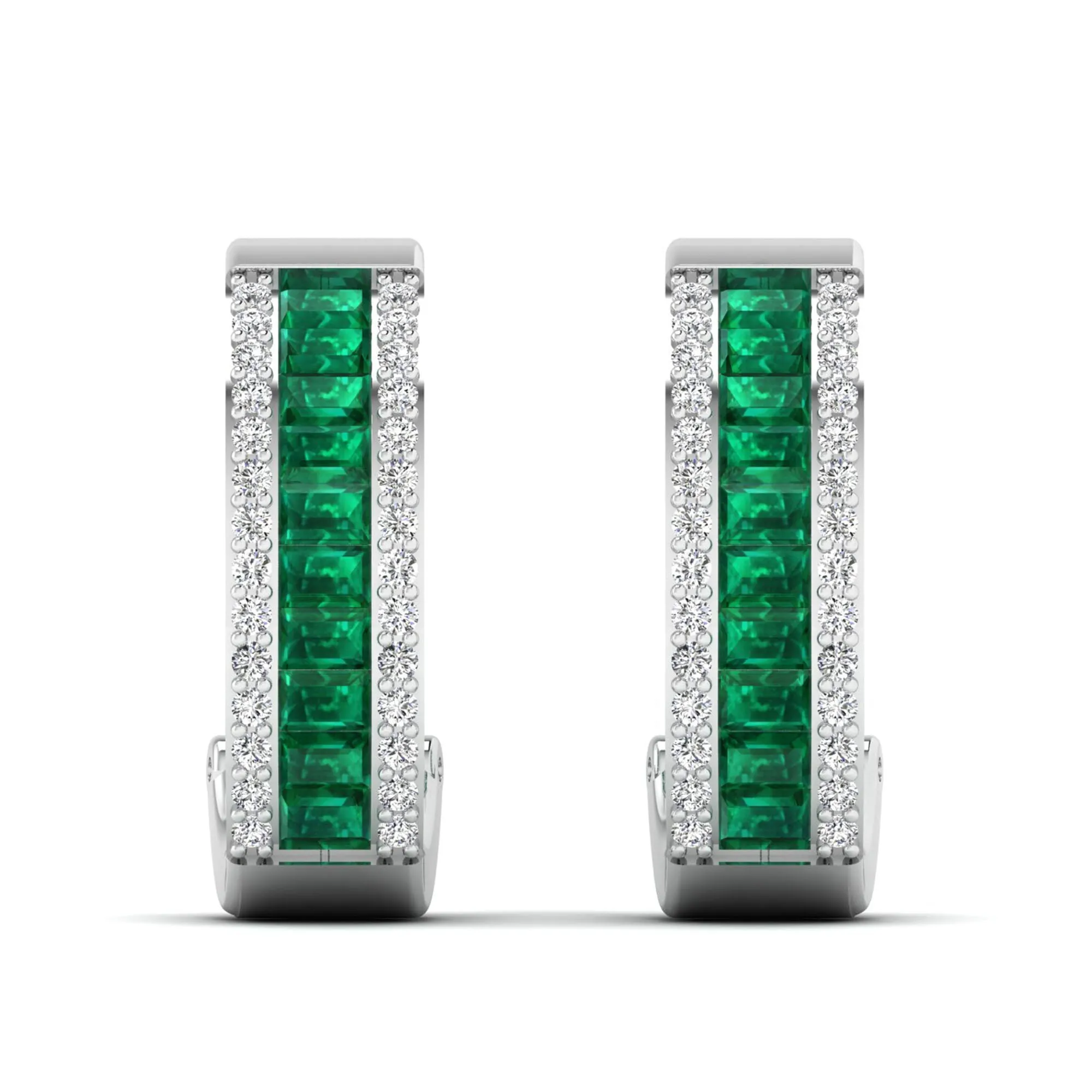 Baguette Emerald and Cluster Diamond Hoop Earrings