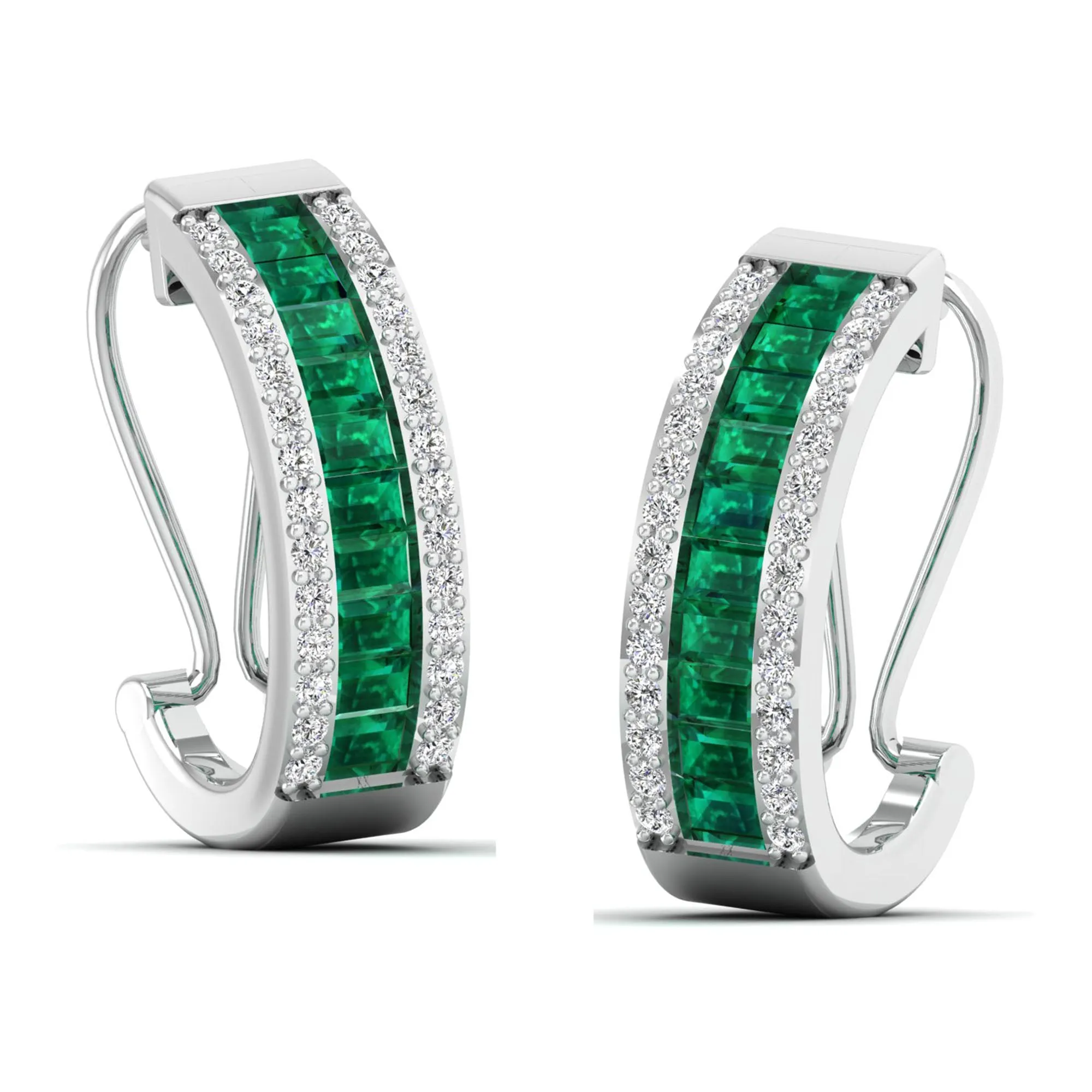 Baguette Emerald and Cluster Diamond Hoop Earrings