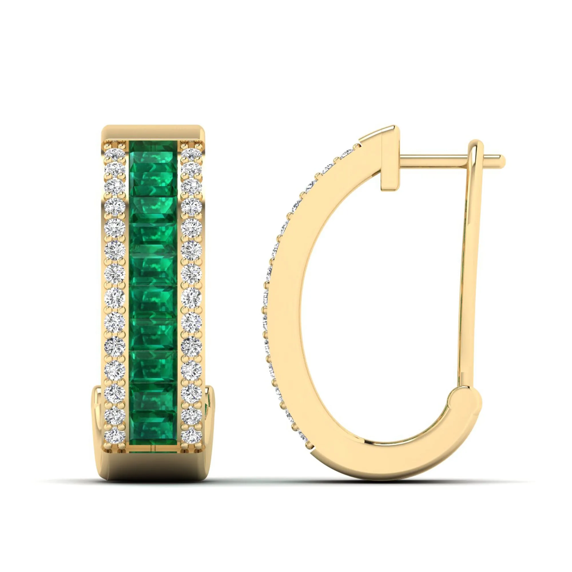 Baguette Emerald and Cluster Diamond Hoop Earrings
