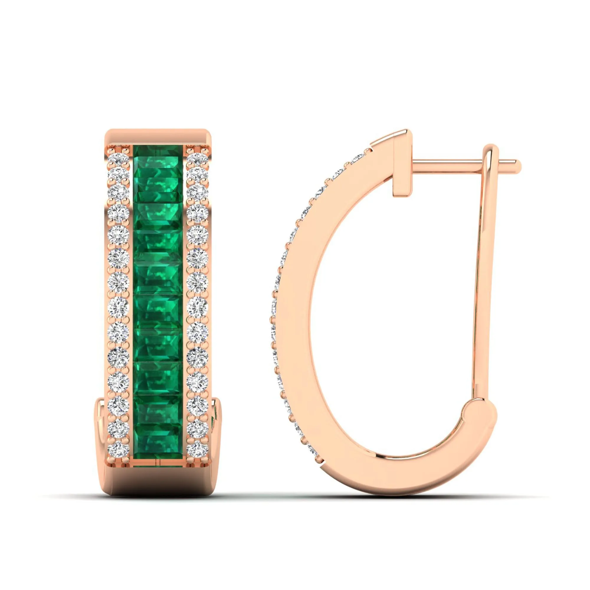 Baguette Emerald and Cluster Diamond Hoop Earrings