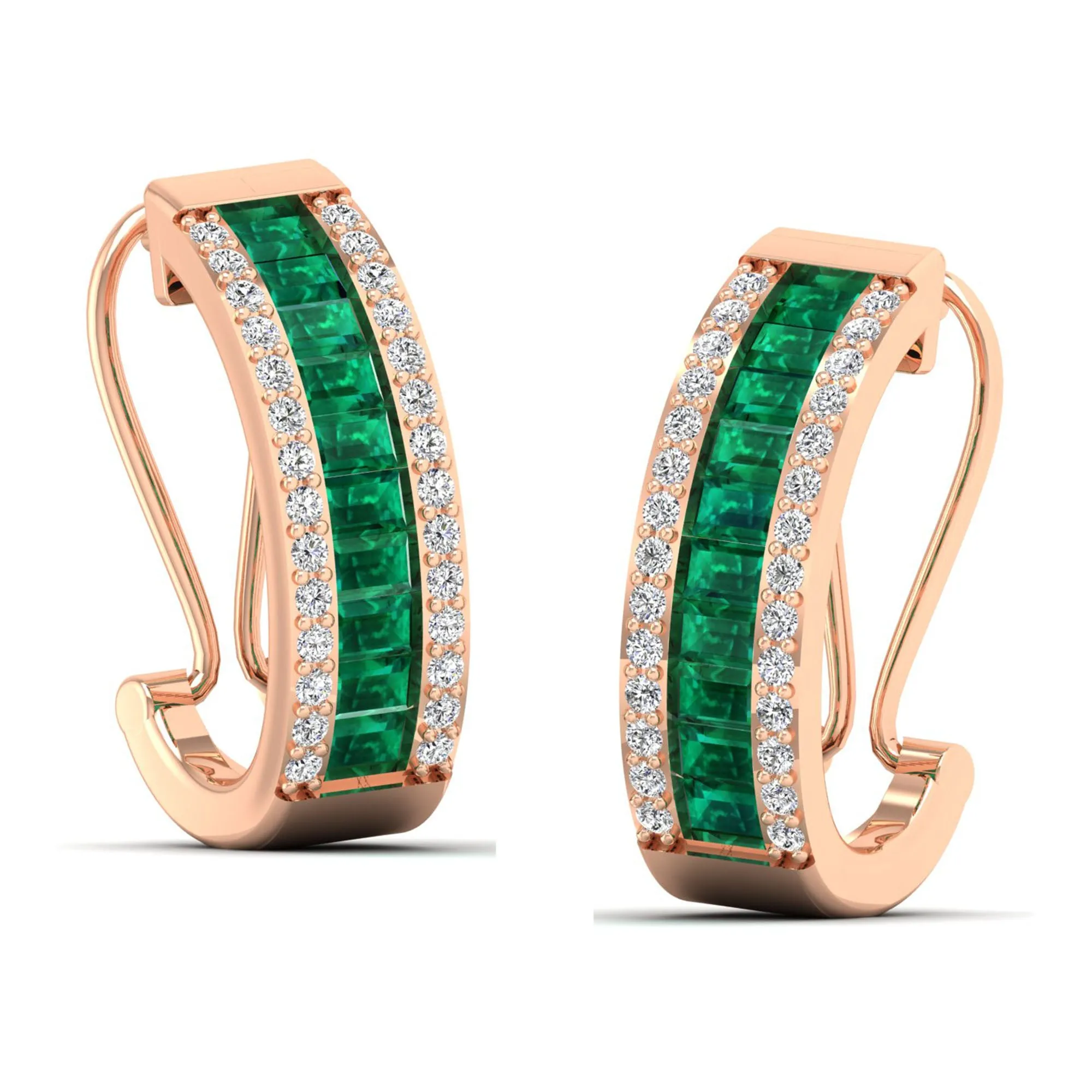Baguette Emerald and Cluster Diamond Hoop Earrings