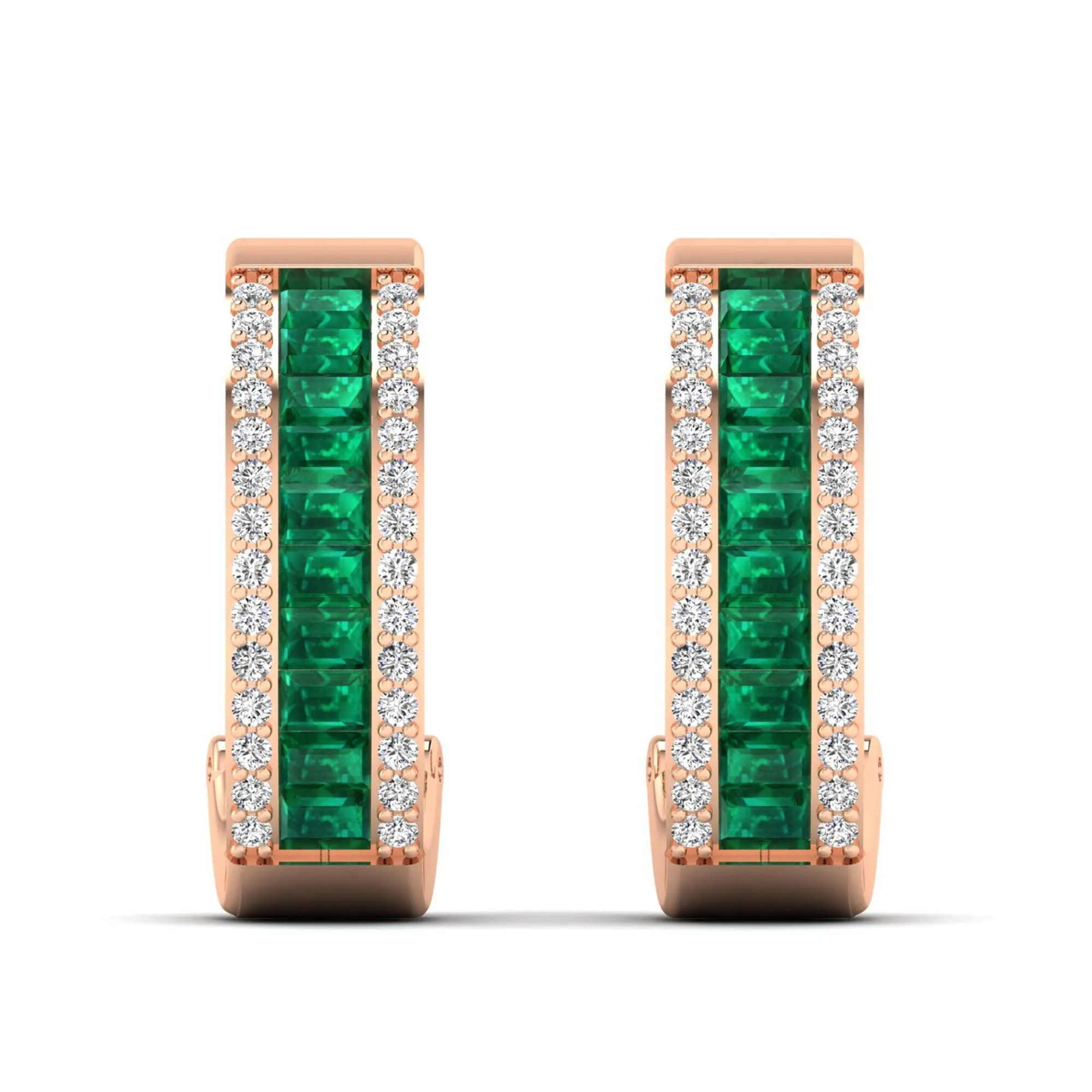 Baguette Emerald and Cluster Diamond Hoop Earrings