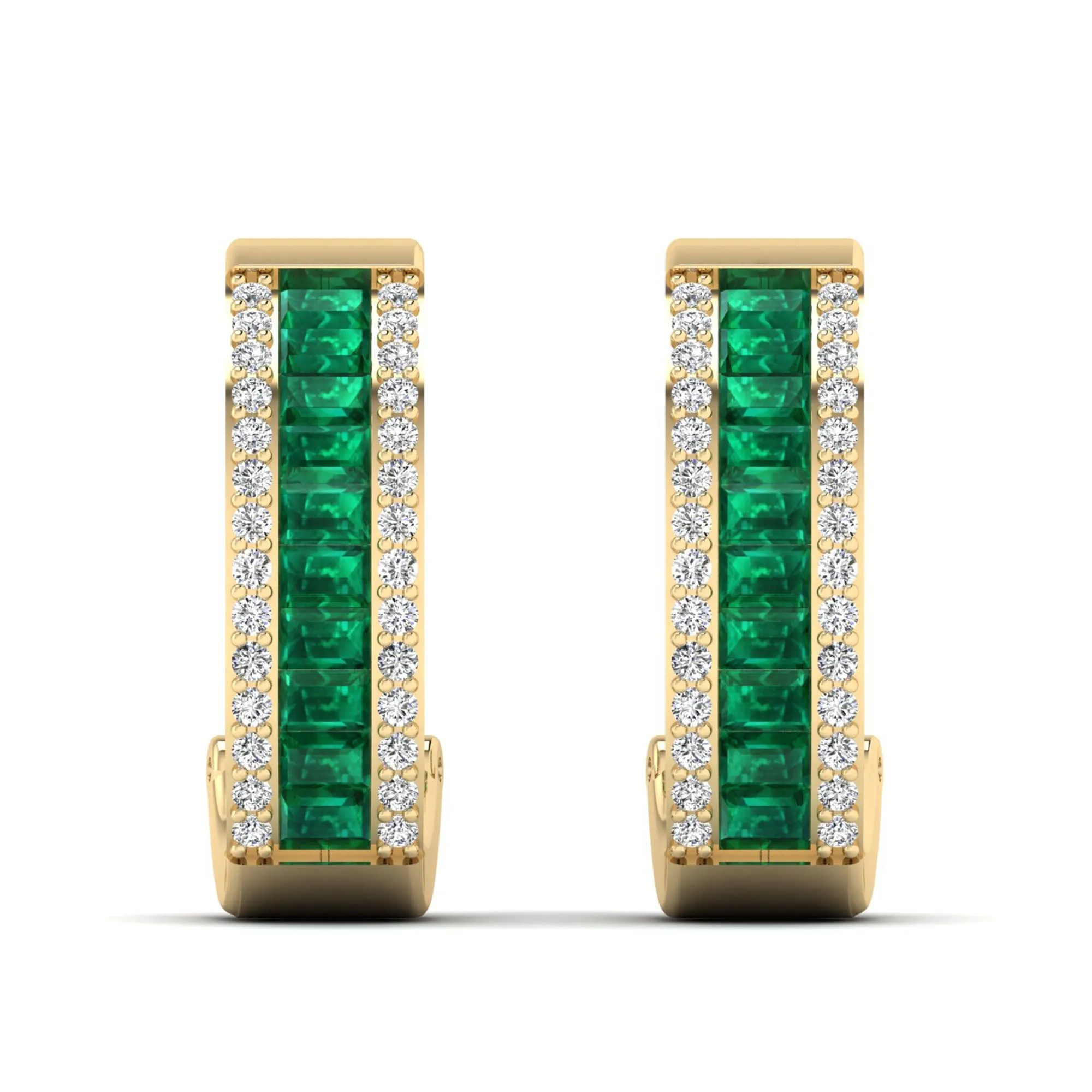 Baguette Emerald and Cluster Diamond Hoop Earrings