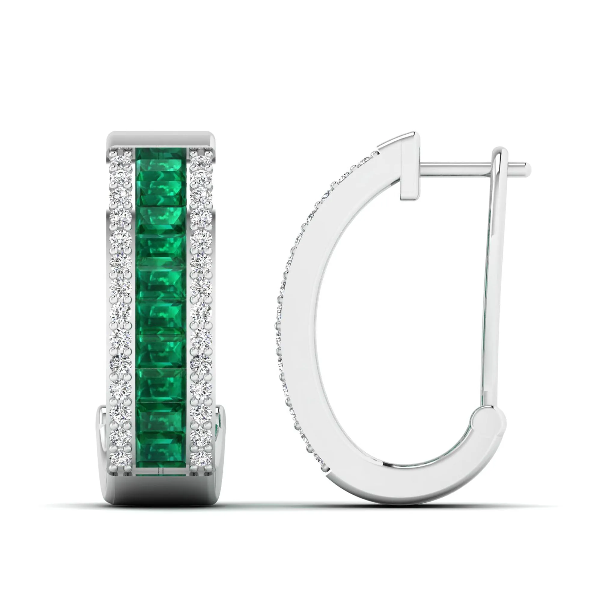 Baguette Emerald and Cluster Diamond Hoop Earrings