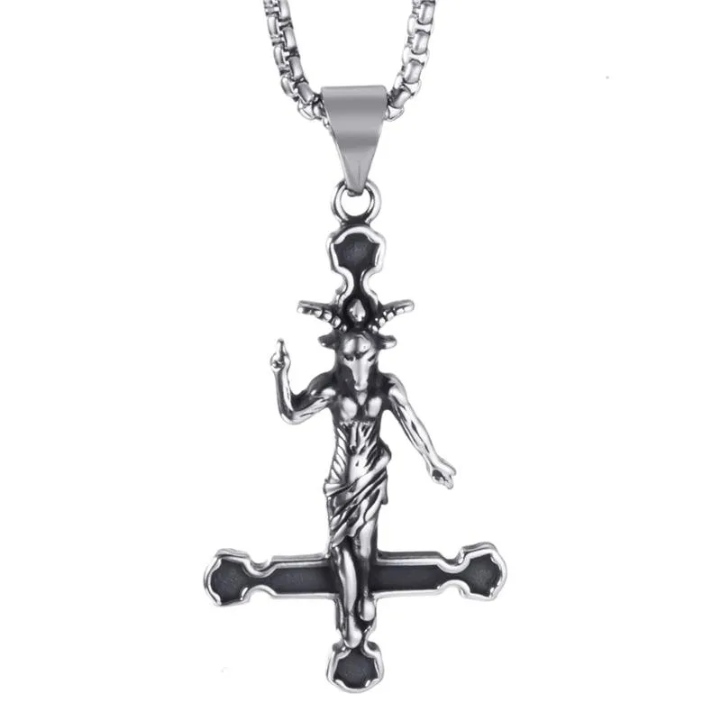 Baphomet Goat Inverted Cross Stainless Steel Pendant Necklace
