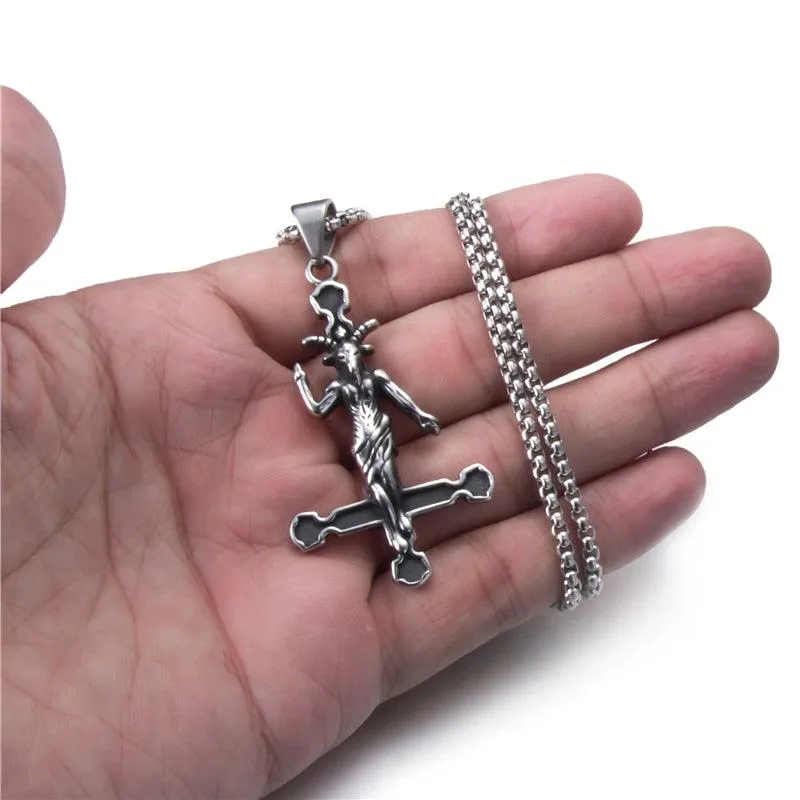 Baphomet Goat Inverted Cross Stainless Steel Pendant Necklace