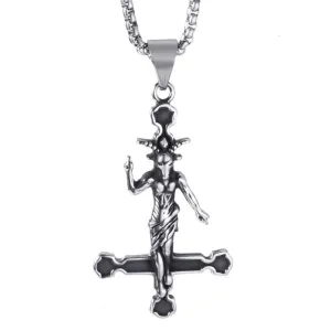 Baphomet Goat Inverted Cross Stainless Steel Pendant Necklace