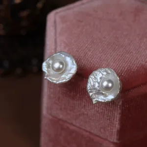 Baroque Egg-shaped Flower Pearl Stud Earrings
