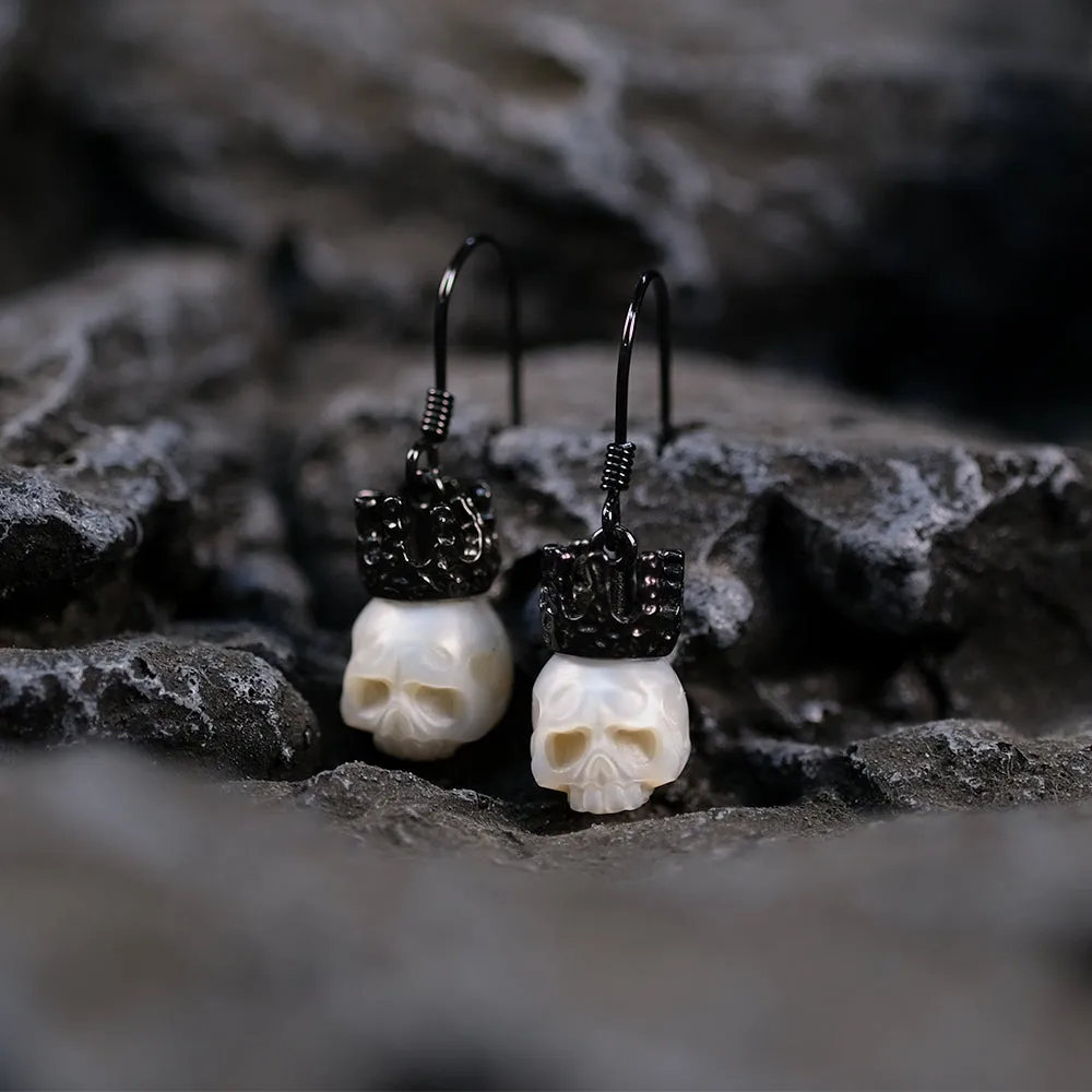 Baroque Silver Black Gold Plated Crown Pearl Skull Earrings